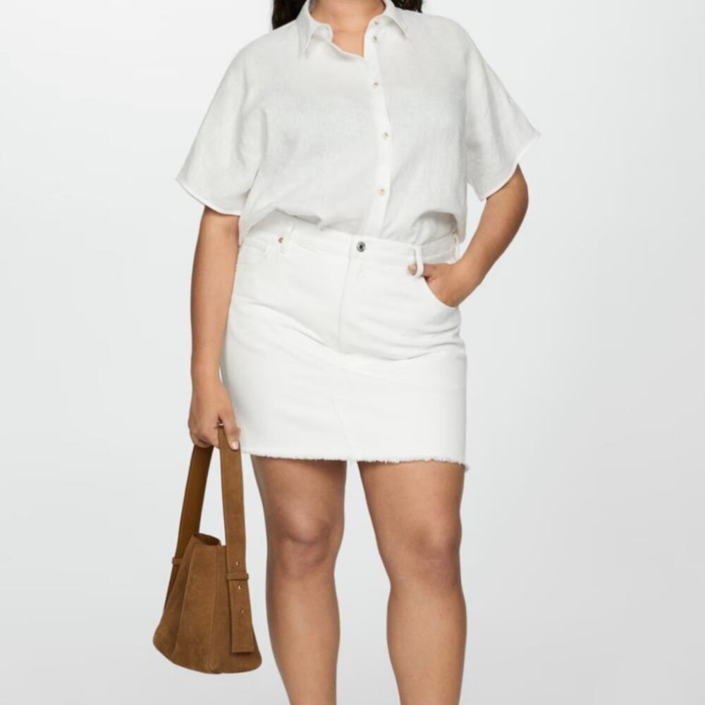 MANGO Denim Skirt Large White Elena Mini Jean Raw Hem Cotton Pockets Preppy Boho